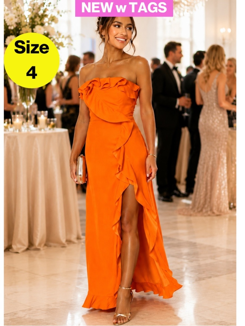 NEW w TAGS 🏷️ Strapless Ruffle Midi Dress, Vibrant Orange, Front Slit (Size 4)